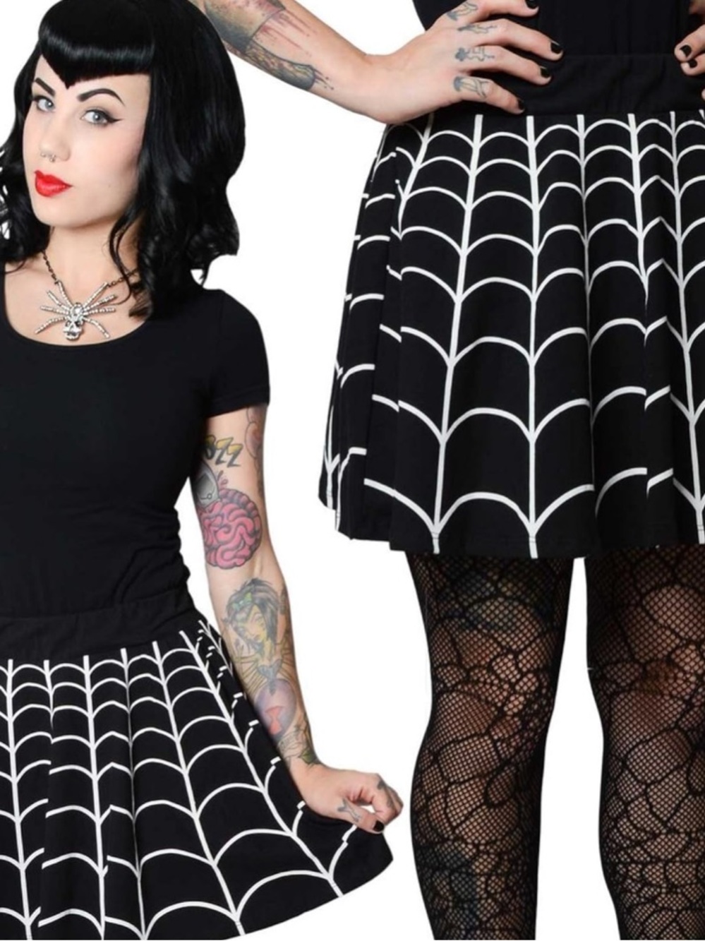 Kreepsville 666 Black spiderweb skater skirt with White Web Print